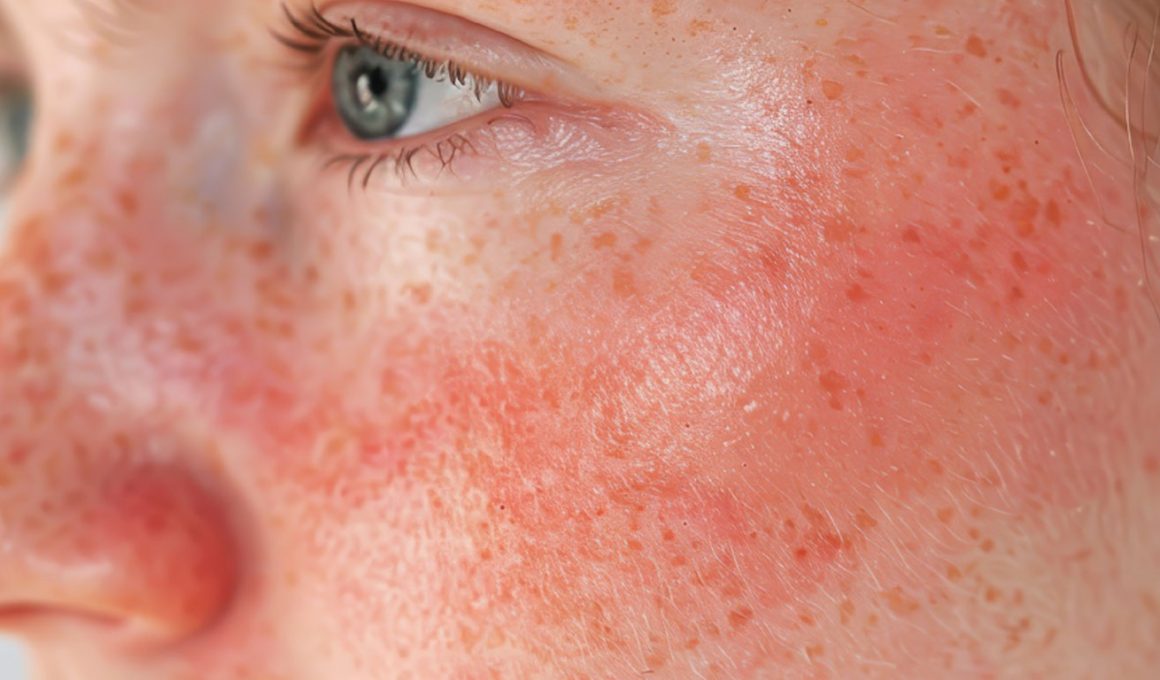 Primer plano de una persona con dermatitis atópica facial, mostrando enrojecimiento e inflamación en la piel.